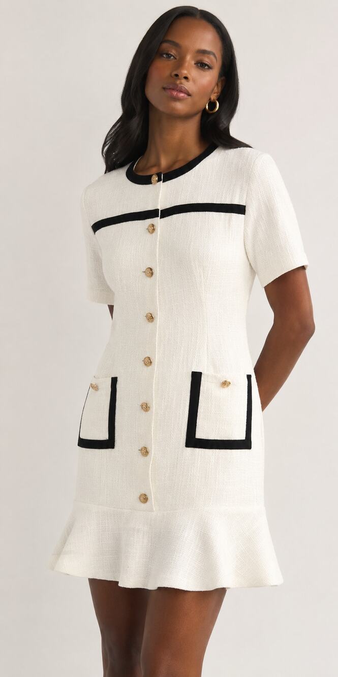 Commense Contrast Binding Button Tweed Mini Dress Womens Size Small New White